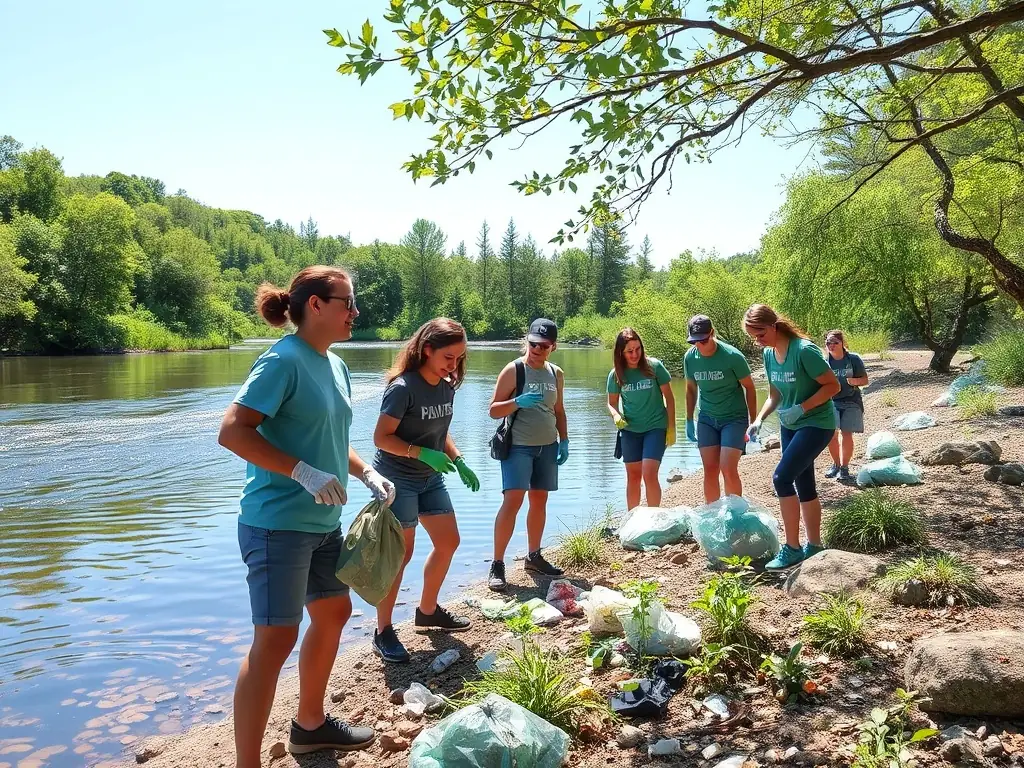 An image of ACCA DE PLOUMILLIAU members cleaning up a local riverbank, removing litter and debris to improve water quality and protect aquatic life.