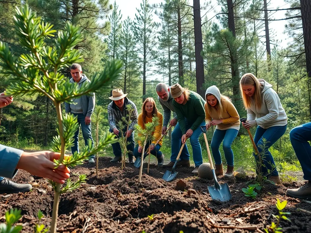 A group of volunteers planting trees in a deforested area, symbolizing ACCA DE PLOUMILLIAU's commitment to reforestation and habitat restoration.