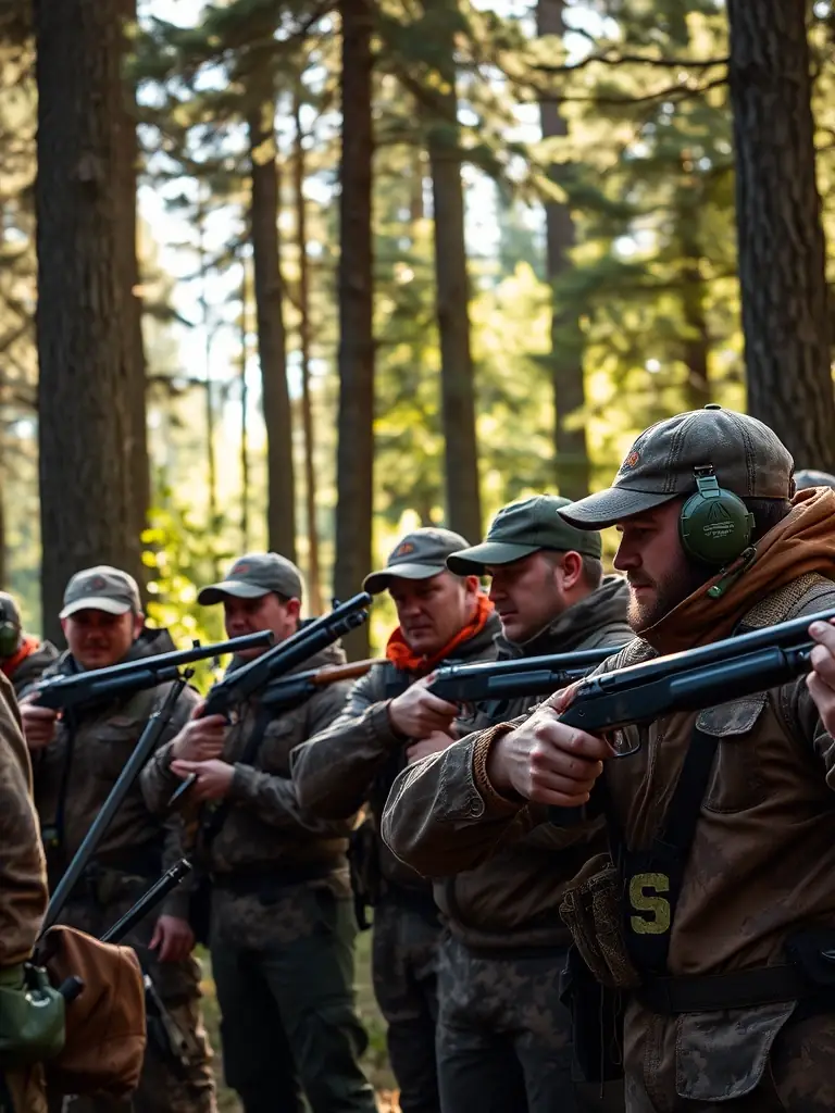 A photograph of ACCA members participating in a hunter safety training course, demonstrating proper firearm handling and safety procedures. The image should emphasize the importance of responsible hunting practices.