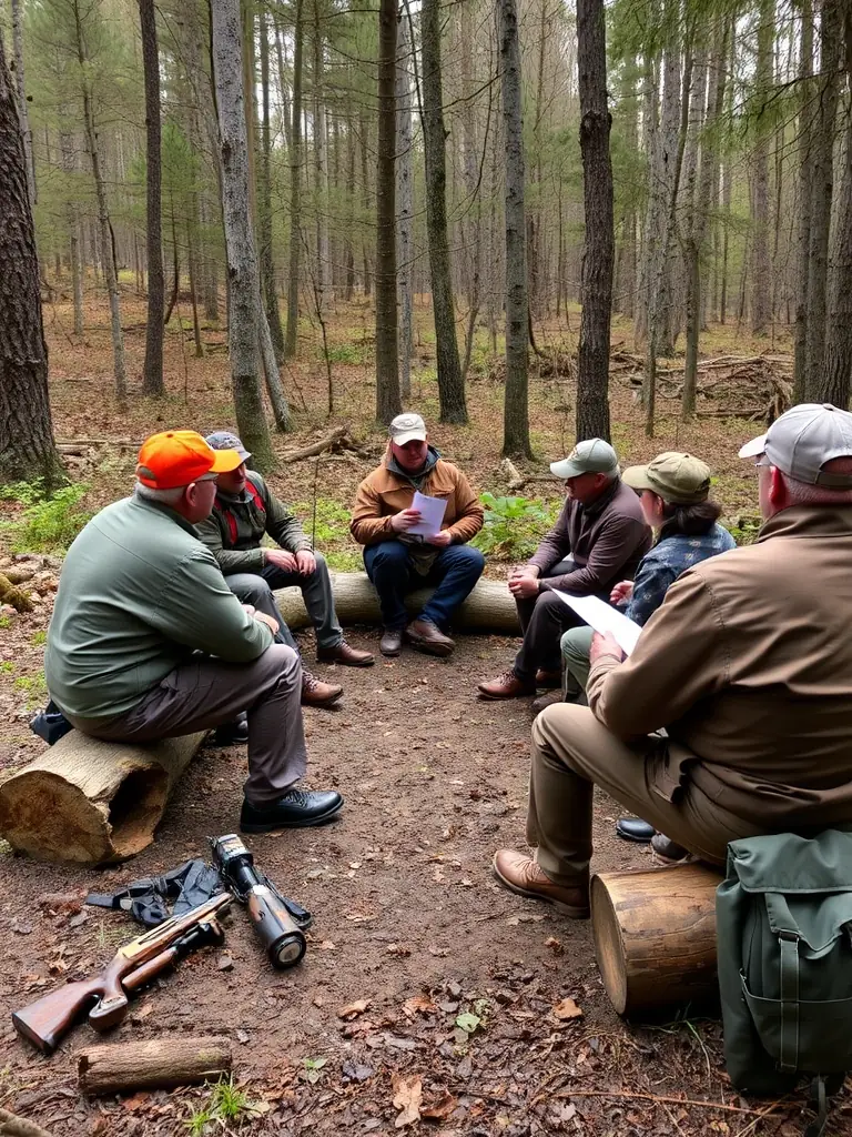 An image showing a group of hunters participating in a training session on sustainable hunting practices.