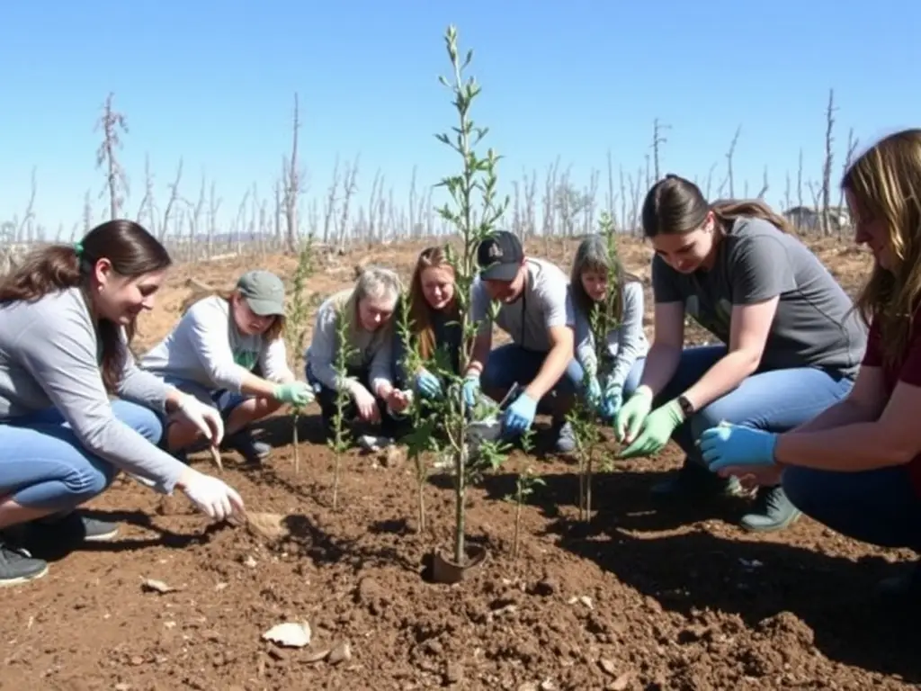 Volunteers planting native trees and shrubs in a deforested area, contributing to habitat restoration and biodiversity enhancement. The image highlights the community's involvement in conservation efforts.