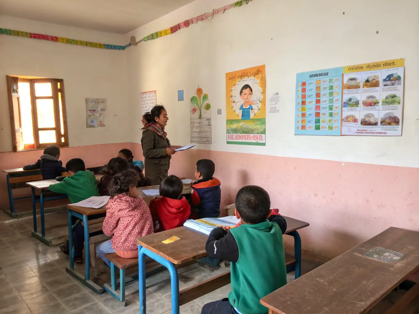 A classroom setting where ACCA DE PLOUMILLIAU members are teaching children about wildlife conservation and responsible hunting practices.