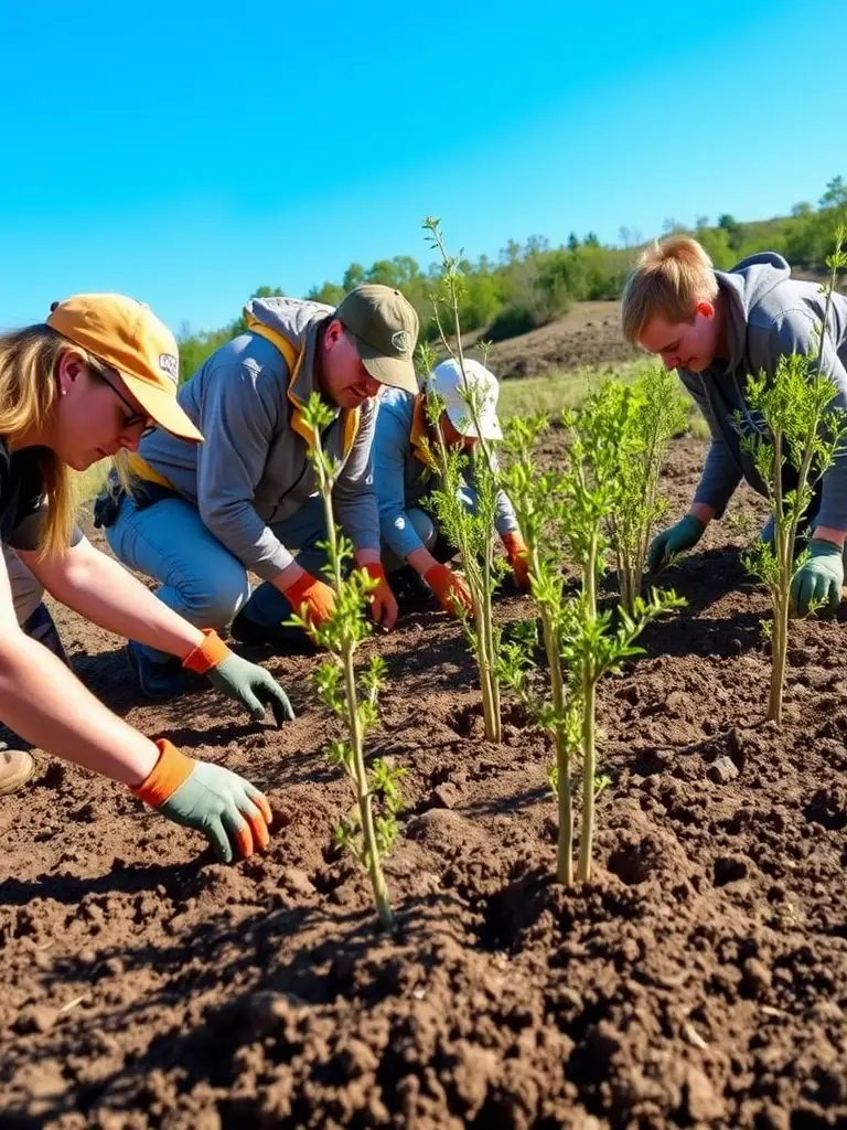 A photograph showing ACCA members conducting a habitat improvement project, such as planting trees or clearing invasive species, in a local forest. The image should highlight the hands-on conservation efforts of the association.