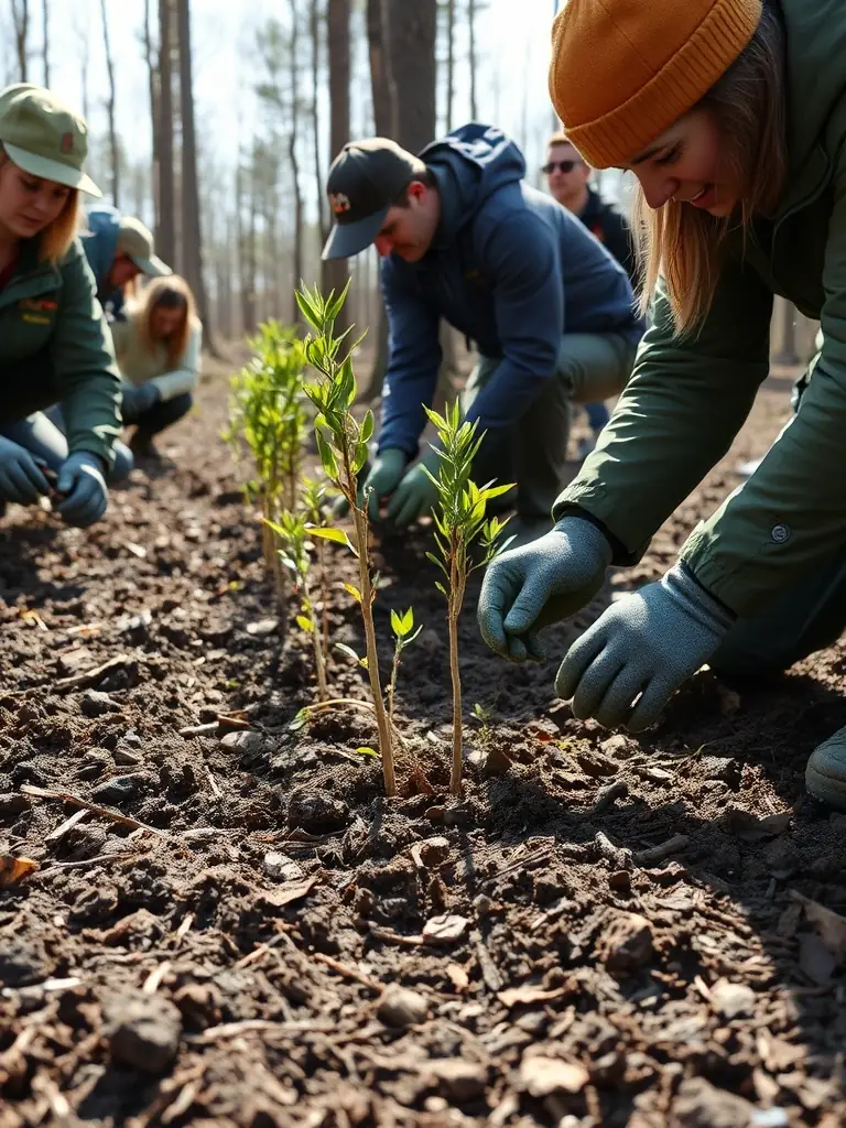 A photograph depicting volunteers planting trees in a deforested area, illustrating the habitat restoration program.