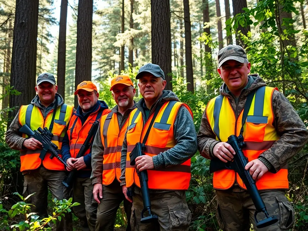 A group of hunters participating in a wildlife census in a lush, green forest, using binoculars and recording data on tablets. The scene emphasizes the scientific approach to wildlife management.